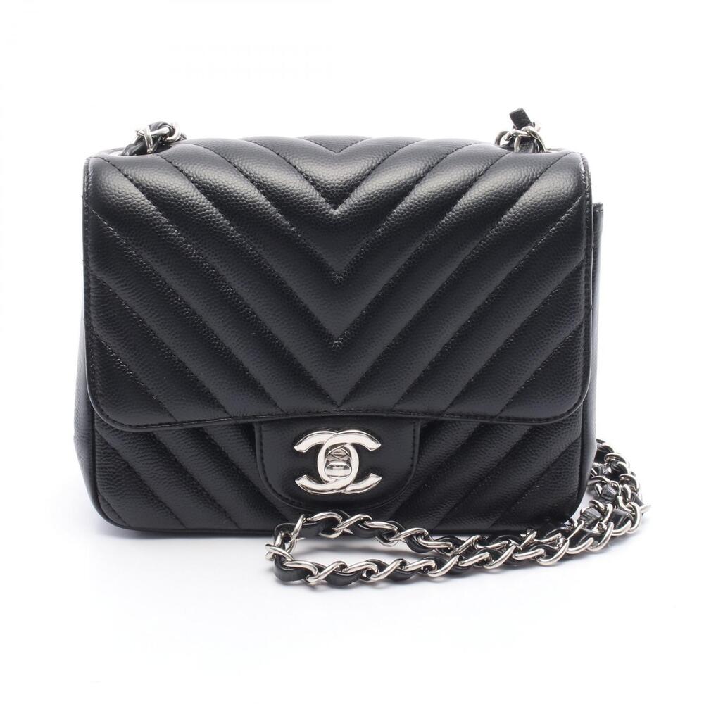 Chanel Flap Bag Chevron V stitch Shoulder Leather Grained Calfskin Black